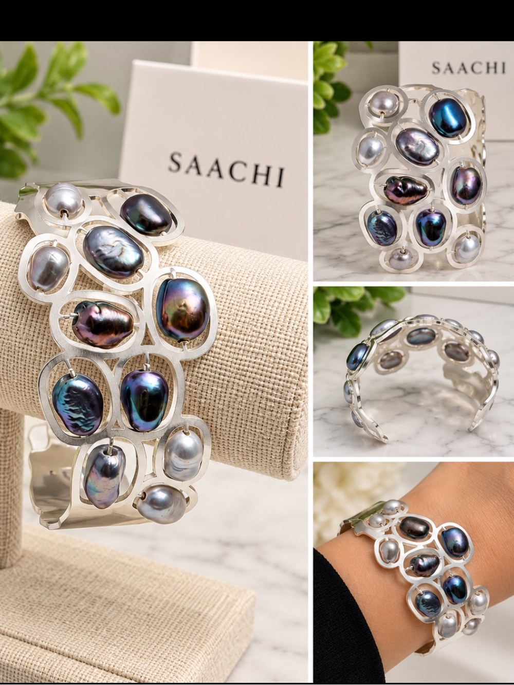 SA9 | Saachi Pearled Cut Out Waved Cuff Bracelet | Silver
